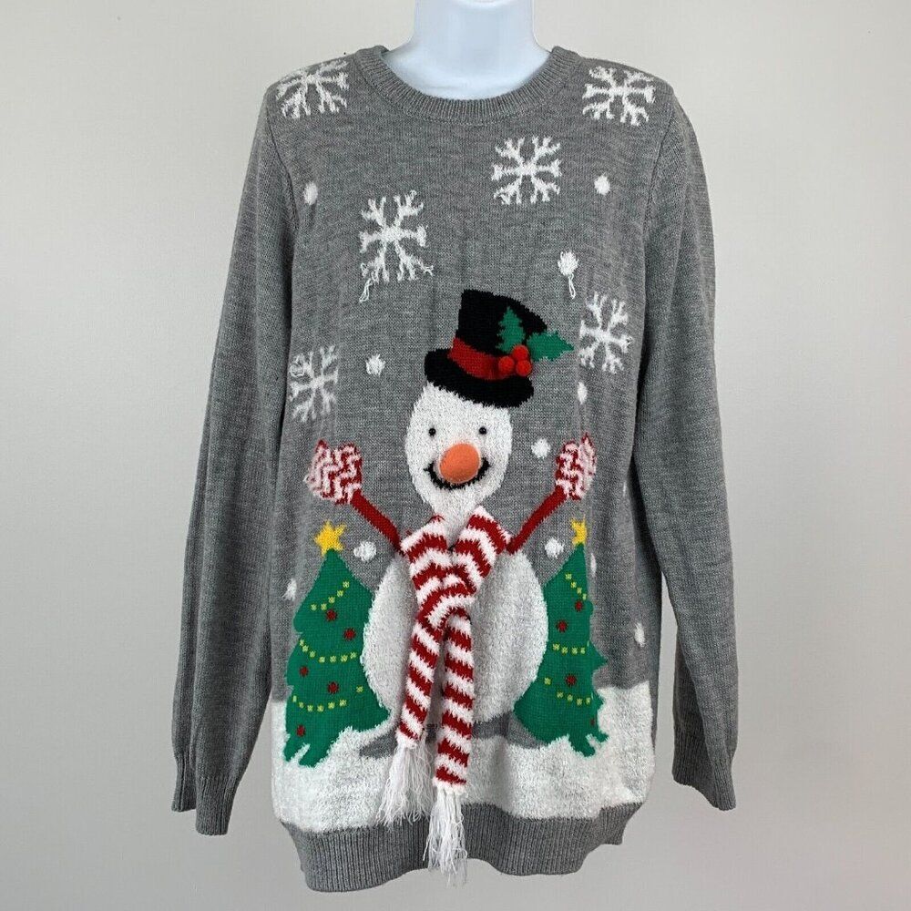Merry Christmas Sweater sz L Xmas Ugly Party Snowman Puffy Nose Silly Snowflakes